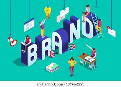 Brand vector text with employers working on branding design. Flat Isometric people illustration isolated on blue background. Can use for web banner, infographics, hero images.