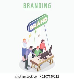 Brand vector text with employers working on branding design. Flat Isometric people illustration. Can use for web banner, infographics, hero images