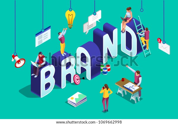 Brand vector\
text with employers working on branding design. Flat Isometric\
people illustration isolated on blue background. Can use for web\
banner, infographics, hero\
images.