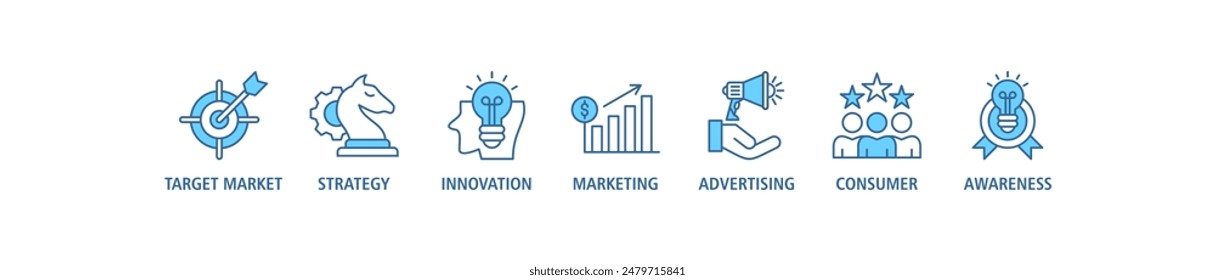 Brand web banner icon set concept vector illustration contain target market, strategy, innovation, marketing, advertising, consumers and awareness.