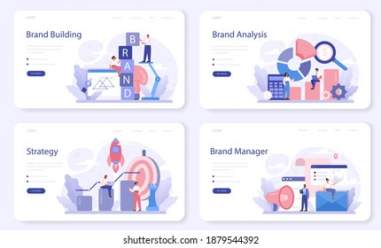 Brand web banner or landing page set. Marketing strategy and unique design of a company or product. Brand recognition and comunication as a part of business plan. Isolated flat vector illustration