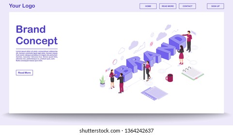 Brand webpage vector template with isometric illustration. Marketing team. Corporate logo, branding identity. Business strategy development. Website interface design. Webpage, mobile app 3d concept