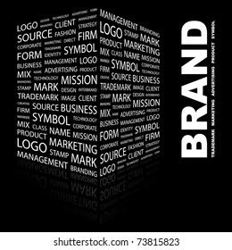 BRAND. Word Collage On Black Background. Vector Illustration. Illustration With Different Association Terms.