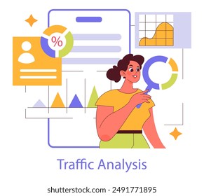 Concepto de App de marca. Una empresaria analiza métricas digitales, optimizando el tráfico de Web para el crecimiento de la marca. Participación del usuario, optimización de la tasa de conversión. Ilustración vectorial.