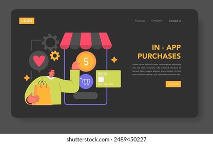 Branded App concept. A cheerful user engages in mobile shopping, signifying in-app purchases with a stylish interface. User-friendly digital transaction. Vector illustration.