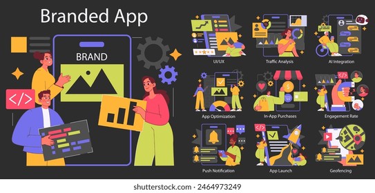 App-Markenkonzept. Ein digitales Marketing-Toolkit mit App-Personalisierung, User Experience Design und Datenanalyse. Beispielhafte App-Entwicklungsstadien. Vektorillustration.