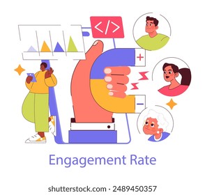 Branded App concept. A diverse user base interacts with an engaging mobile application, boosting connection and interaction rates. Vector illustration.