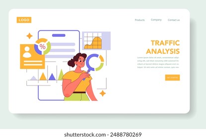 Branded App concept. Interactive web page interface emphasizing traffic analysis tools with graphs and user engagement. E-commerce digital analytics in action. Vector illustration.
