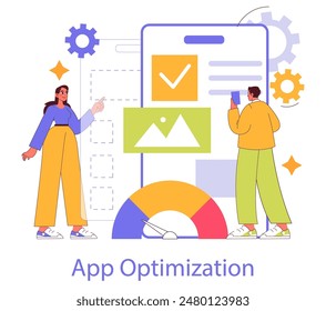 Branded App concept. Professionals enhance a mobile application's performance and design. Optimization strategy, user interface upgrade. Vector illustration.