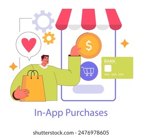 Branded App concept. A seamless in-app purchase experience with a smiling user completing a transaction. Shopping bag, love icon, and payment card visual. Vector illustration.