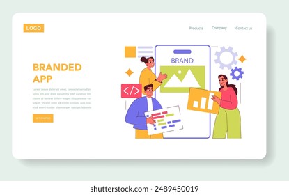 Branded App concept. Team collaborates on a mobile application interface for brand identity, showcasing efficiency and teamwork. Vector illustration.