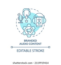 Icono de concepto turquesa de contenido de audio con marca. Campaña de promoción. Ilustración de línea delgada de ideas abstractas de tendencia de marketing. Dibujo de contorno aislado. Trazo editable. Fuentes Arial, Myriad Pro-Bold utilizadas