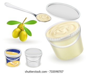 Branded and blank, empty and with mayonnaise, sour, cream, yogurt, cottage cheese, sauce, ice cream plastic buckets, spoon and olives realistic vector template set. Food product packaging mockup 