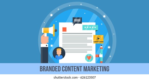 Branded Content Marketing, On-line Branding, Brand Value Optimization Flat Design Vector Banner With Icons Isolated On Blue Background