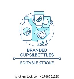 Branded cups and bottles concept icon. Corporate branding material abstract idea thin line illustration. Personalized mugs with company slogan. Vector isolated outline color drawing. Editable stroke
