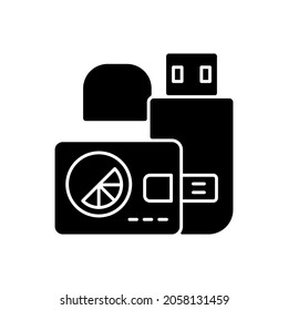 Branded flash cards black glyph icon. Digital card that stores and sends different information. Special styled modern devices. Silhouette symbol on white space. Vector isolated illustration