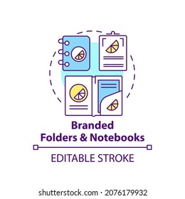 Branded folders and notebooks concept icon. Corporate branding material abstract idea thin line illustration. Office stationery. Paper products. Vector isolated outline color drawing. Editable stroke