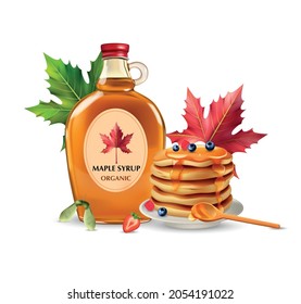 Branded glass bottle of organic maple syrup tree leaves and plate of pancakes with topping realistic vector illustration