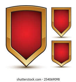 Branded glossy geometric symbols set, stylized red shield elements with golden outline, graphic design attribute, three glamorous vector icons isolated on white background.