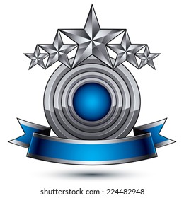 Branded golden geometric symbol with curvy ribbon, stylized silver pentagonal stars, best for use in web and graphic design, corporate vector icon isolated on white background.
