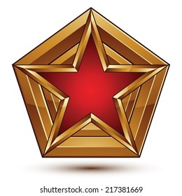 Branded golden geometric symbol, stylized star with red filling, heraldic vector refined icon isolated on white background. Polished golden frame with a pentagonal star.