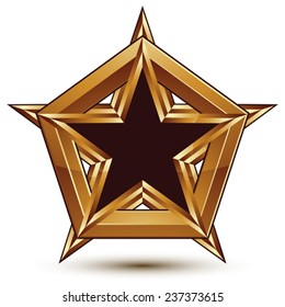 Branded golden geometric symbol, stylized star with black filling, best for use in web and graphic design, vector refined icon isolated on white background. Polished frame with a pentagonal star.