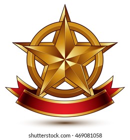Branded golden symbol with stylized pentagonal glossy star and red decorative curvy ribbon, best for use in web and graphic design.