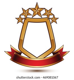 Branded golden symbol with stylized pentagonal glossy star and red decorative curvy ribbon, best for use in web and graphic design. 
