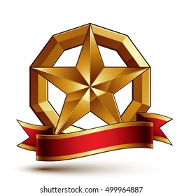 Branded golden symbol with stylized pentagonal glossy star and red decorative curvy ribbon, best for use in web and graphic design