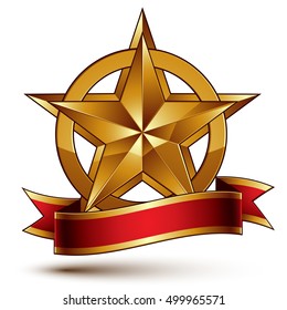 Branded golden symbol with stylized pentagonal glossy star and red decorative curvy ribbon, best for use in web and graphic design