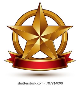 Branded golden symbol with stylized pentagonal glossy star and red decorative curvy ribbon, best for use in web and graphic design.