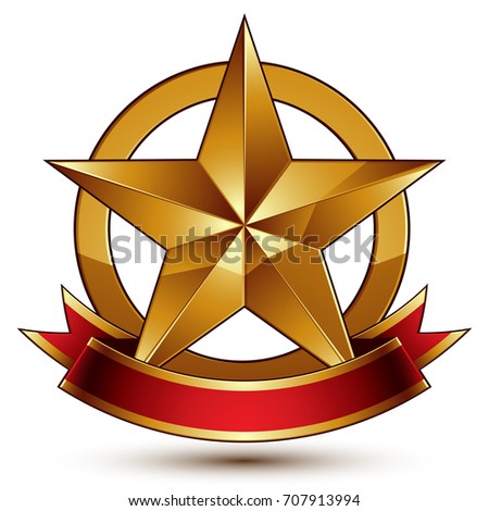 Branded golden symbol with stylized pentagonal glossy star and red decorative curvy ribbon, best for use in web and graphic design.