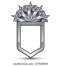 Branded gray geometric symbol with five stylized silver stars, best for use in web and graphic design, corporate vector silvery icon isolated on white background.