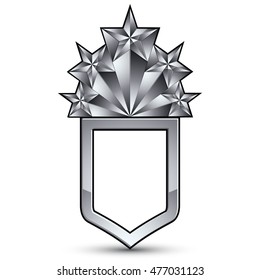 Branded gray geometric symbol with five stylized silver stars, best for use in web and graphic design, corporate vector silvery icon isolated on white background.