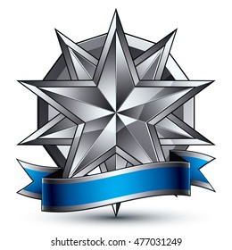 Branded gray geometric symbol with five stylized silver stars, best for use in web and graphic design, corporate vector silvery icon isolated on white background.
