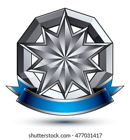 Branded gray geometric symbol with five stylized silver stars, best for use in web and graphic design, corporate vector silvery icon isolated on white background.