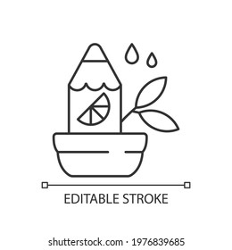 Branded growing pencil linear icon. Eco designed office accessories. Spreading plants. Thin line customizable illustration. Contour symbol. Vector isolated outline drawing. Editable stroke