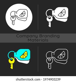 Branded keyring dark theme icon. Fashionable accessories for keys of house or cars. Designers creating unique items. Linear white, simple glyph and RGB color styles. Isolated vector illustrations
