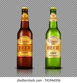 Branded with label brown and green bottles of premium beer realistic vector illustration isolated on transparent. Traditional alcohol drink tare template for product mock-up or advertising design