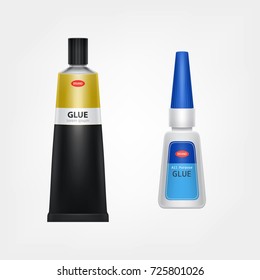 Branded metal and plastic glue tubes with label and product information realistic vector template isolated on white background. Different size classic containers mock-up of all purpose, instant glues 