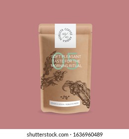Branded paper bag for coffee packaging. Sketch for logo, emblem, coffee packaging.