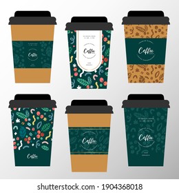 Branded paper coffee cup design, cardboard mugs illustrated with logo. Take away cardboard cup with sleeve decorated with lettering logotype and pattern illustrations for coffee shop or cafe.