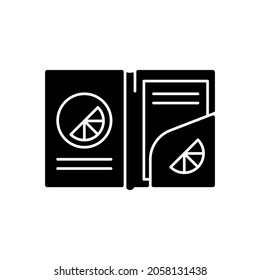 Icono de glifo negro de carpeta de papel con marca. Una carpeta elegante que contiene papeles y dinero juntos. Accesorios de diseño único. Símbolo de silueta en el espacio blanco. Ilustración aislada del vector