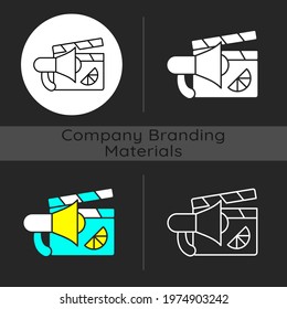 Branded promo video dark theme icon. Specially designed content for advertising product. Designing company marketing. Linear white, simple glyph and RGB color styles. Isolated vector illustrations