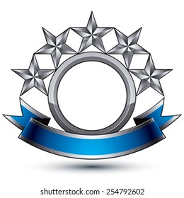 Branded silver geometric symbol with curvy ribbon, stylized silver pentagonal stars, best for use in web and graphic design, corporate vector icon isolated on white background.