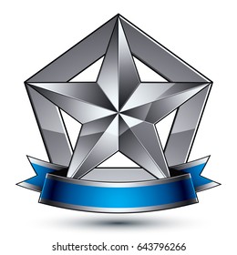 Branded silver geometric symbol with curvy ribbon, stylized pentagonal star placed over protection shield, best for use in web and graphic design, corporate vector icon isolated on white background.