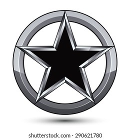 Branded silvery rounded geometric symbol, stylized pentagonal black star placed in a silver ring, best for use in web and graphic design. Polished vector icon isolated on white background.