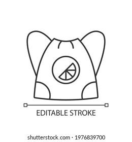Branded sling bag linear icon. Fashionable accessories to carry on back. Beautiful look. Thin line customizable illustration. Contour symbol. Vector isolated outline drawing. Editable stroke