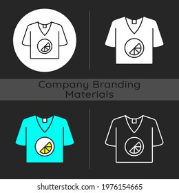 Branded t shirt dark theme icon. Creating own merch to advertise company. Marketing company plan. Designing clothes. Linear white, simple glyph and RGB color styles. Isolated vector illustrations