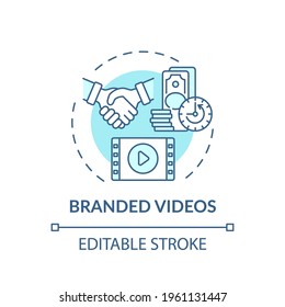 Branded Videos Concept Icon. Sponsorship Virtual Events Idea Thin Line Illustration. Marketing Content. Producing Video Content. Brand Promo. Vector Isolated Outline RGB Color Drawing. Editable Stroke